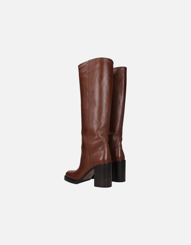 High Heel Leather Round Toe Boots Women - Brown