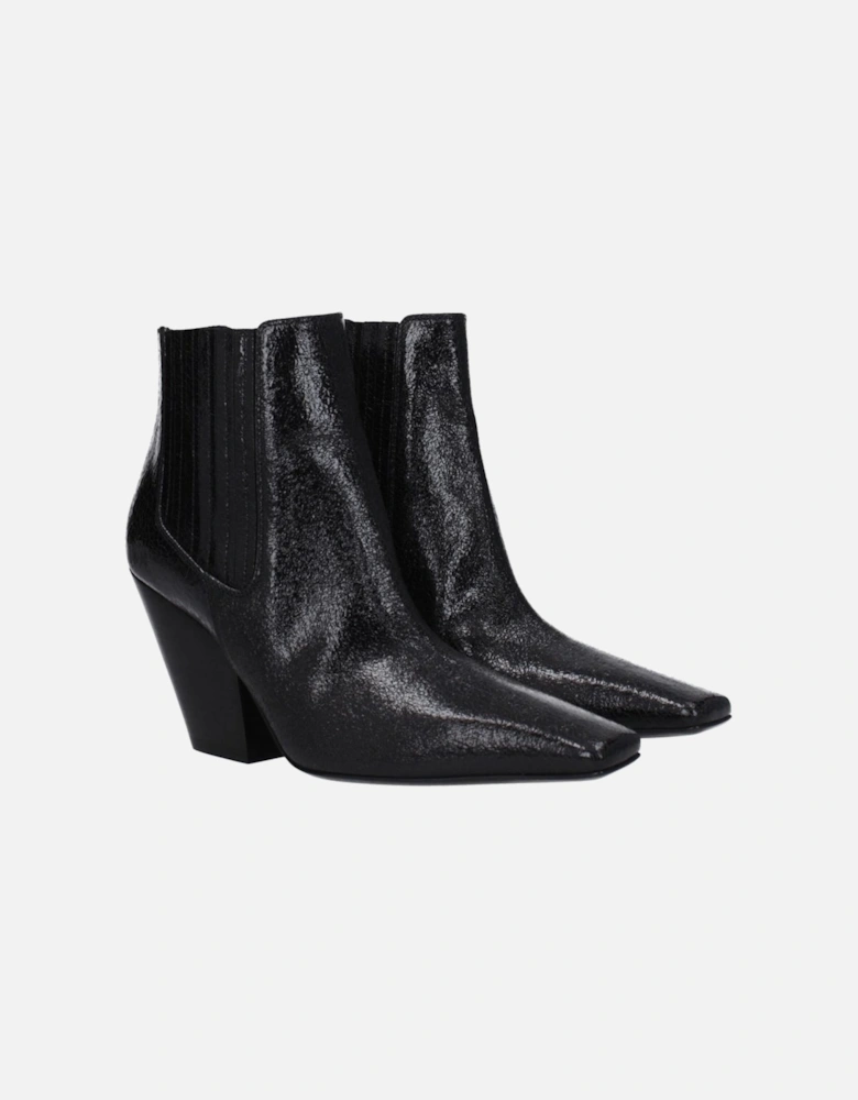 Leather Mid Heel Ankle Boots with Square Toe Women - Black
