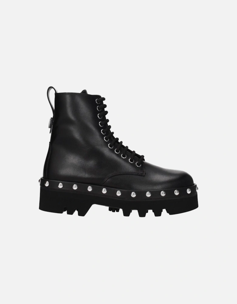 Studded Vintage Effect Leather Ankle Boots Women - Black