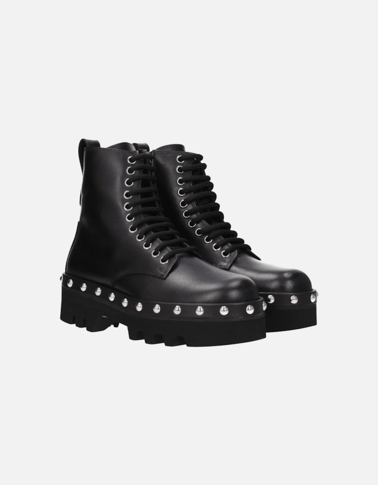 Studded Vintage Effect Leather Ankle Boots Women - Black