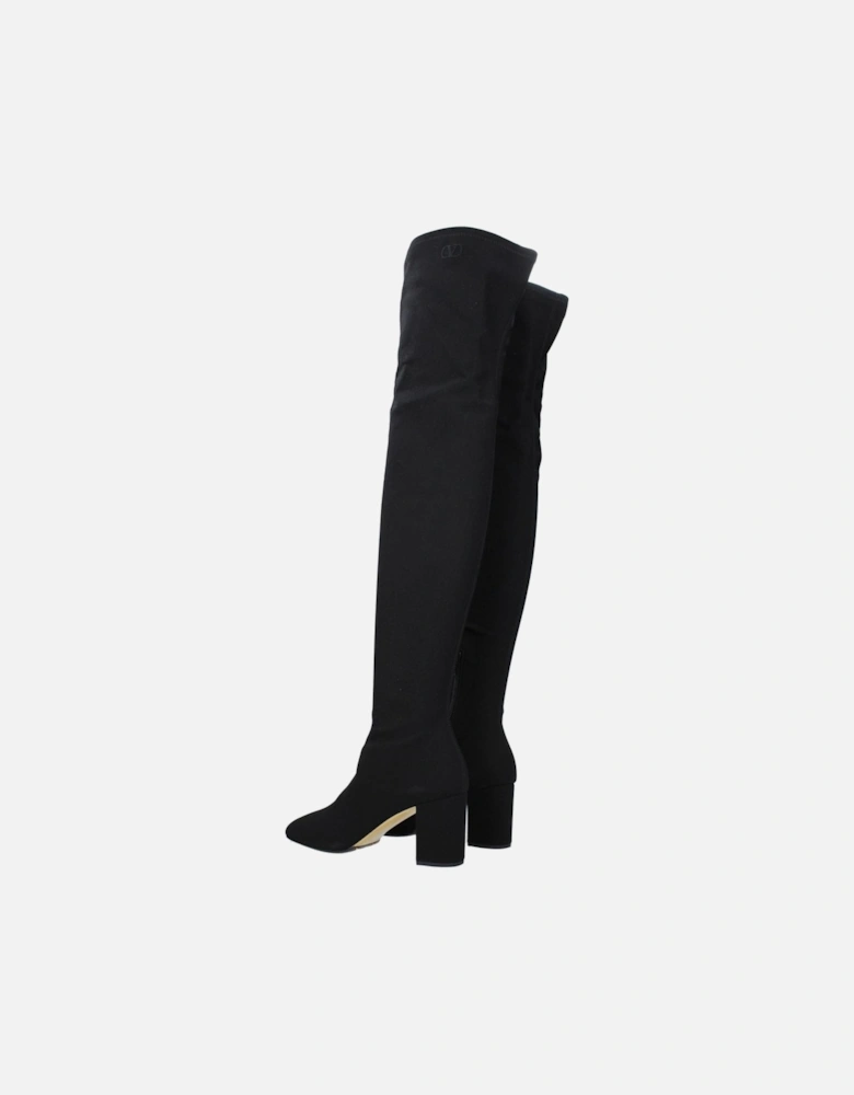 Square Toe Mid Heel Fabric Boots Women - Black
