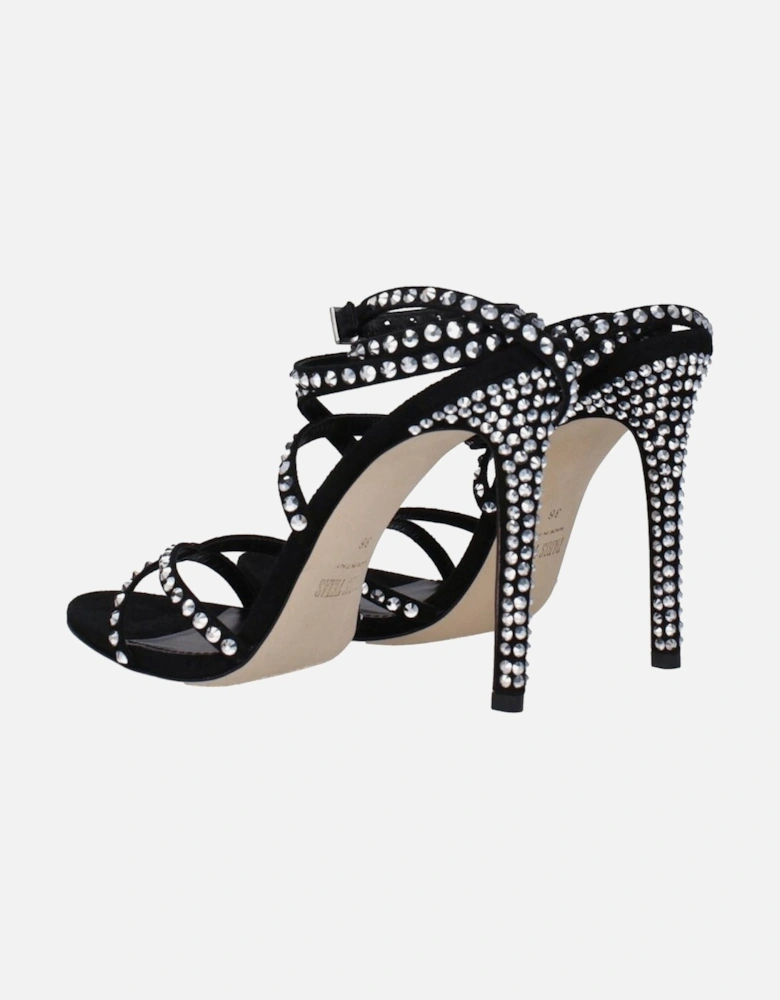 Suede Rhinestone High Heel Buckle Sandals Women - Black