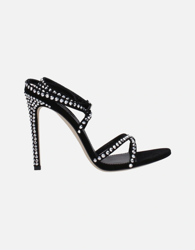 Suede Rhinestone High Heel Buckle Sandals Women - Black