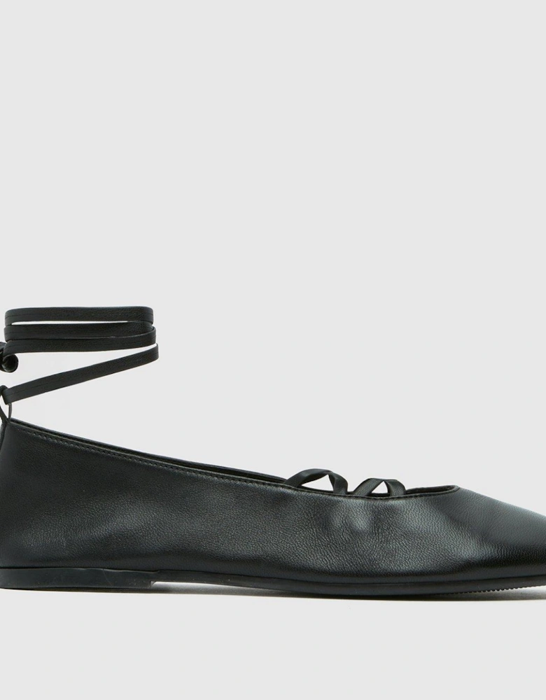 Lars Leather Tie Ballet Shoes - Black