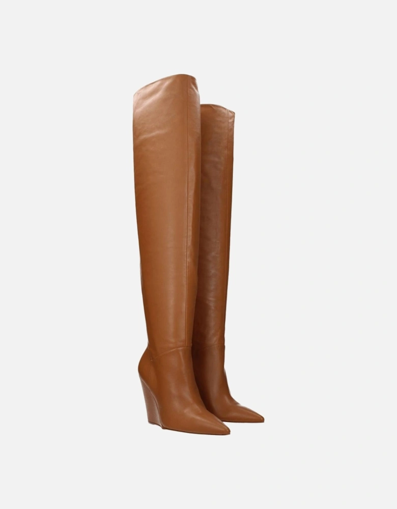 Pointy Toe Leather Wedge Boots Women - Brown