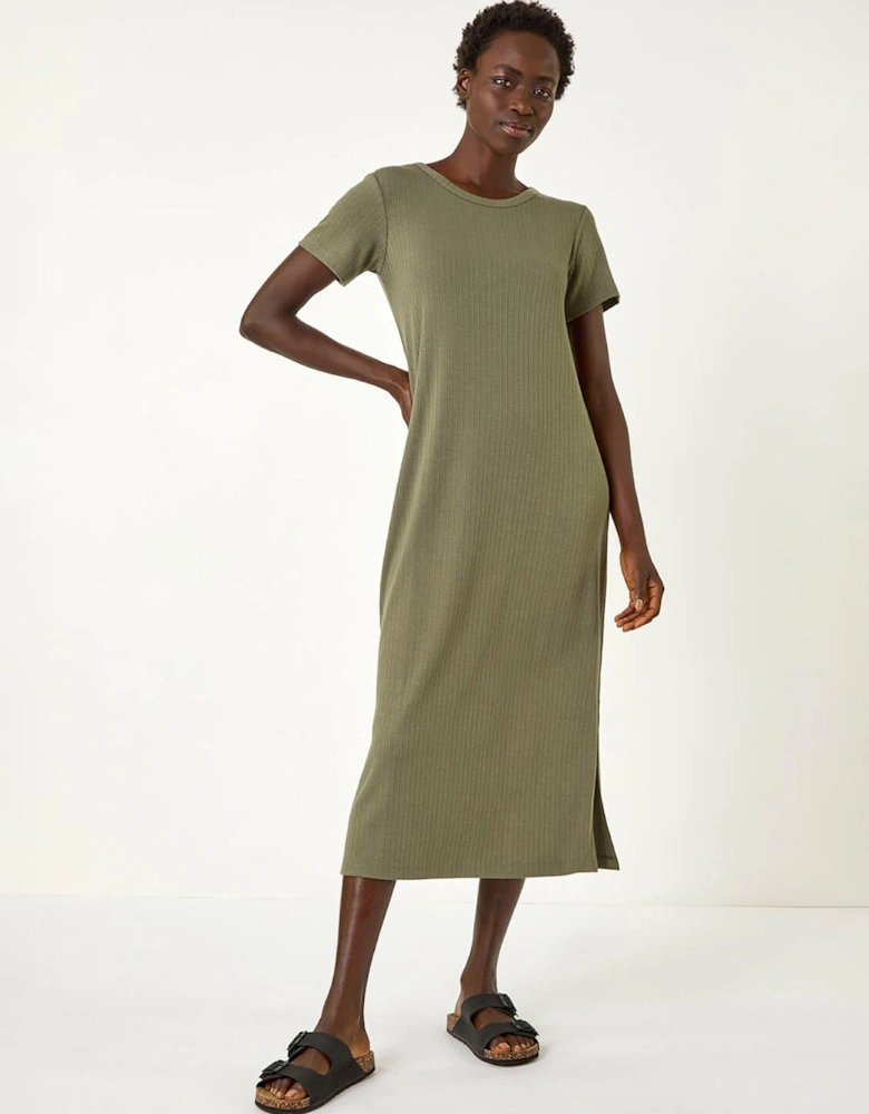 Ribbed Stretch Midi Dress - Khaki