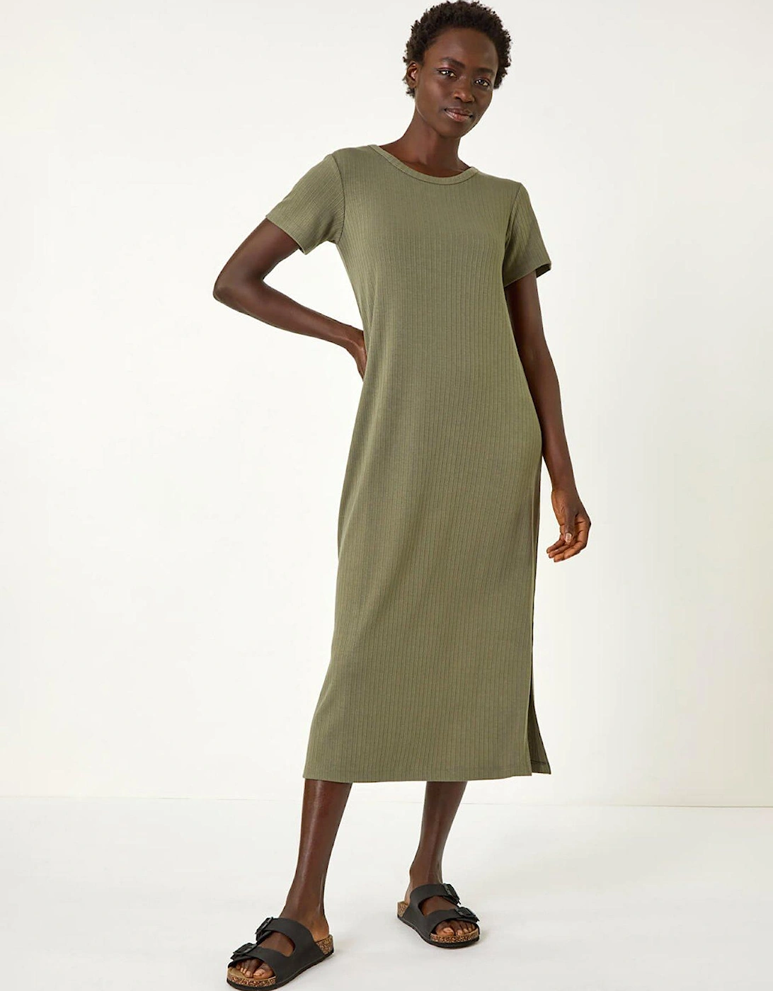 Ribbed Stretch Midi Dress - Khaki, 2 of 1