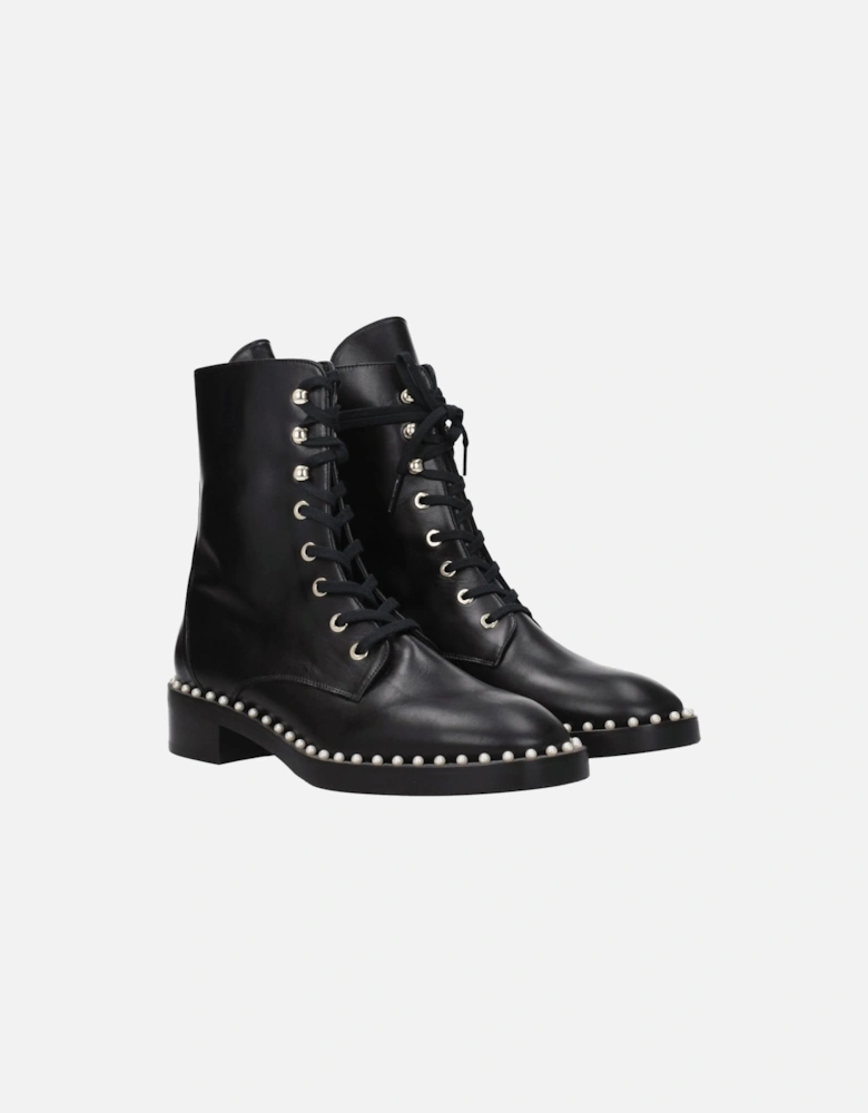 Beaded Leather Ankle Boots with Lace-Up Closure Women - Black