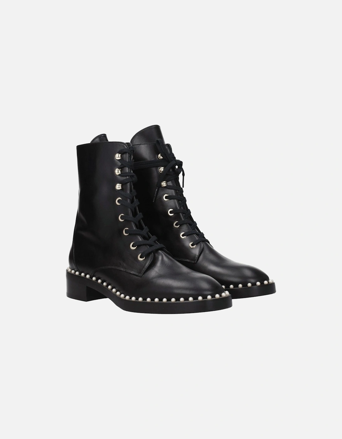 Beaded Leather Ankle Boots with Lace-Up Closure Women - Black