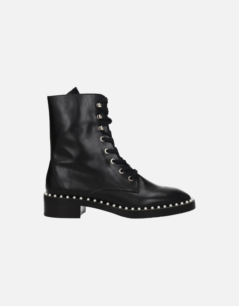 Beaded Leather Ankle Boots with Lace-Up Closure Women - Black
