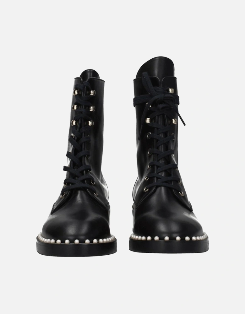 Beaded Leather Ankle Boots with Lace-Up Closure Women - Black