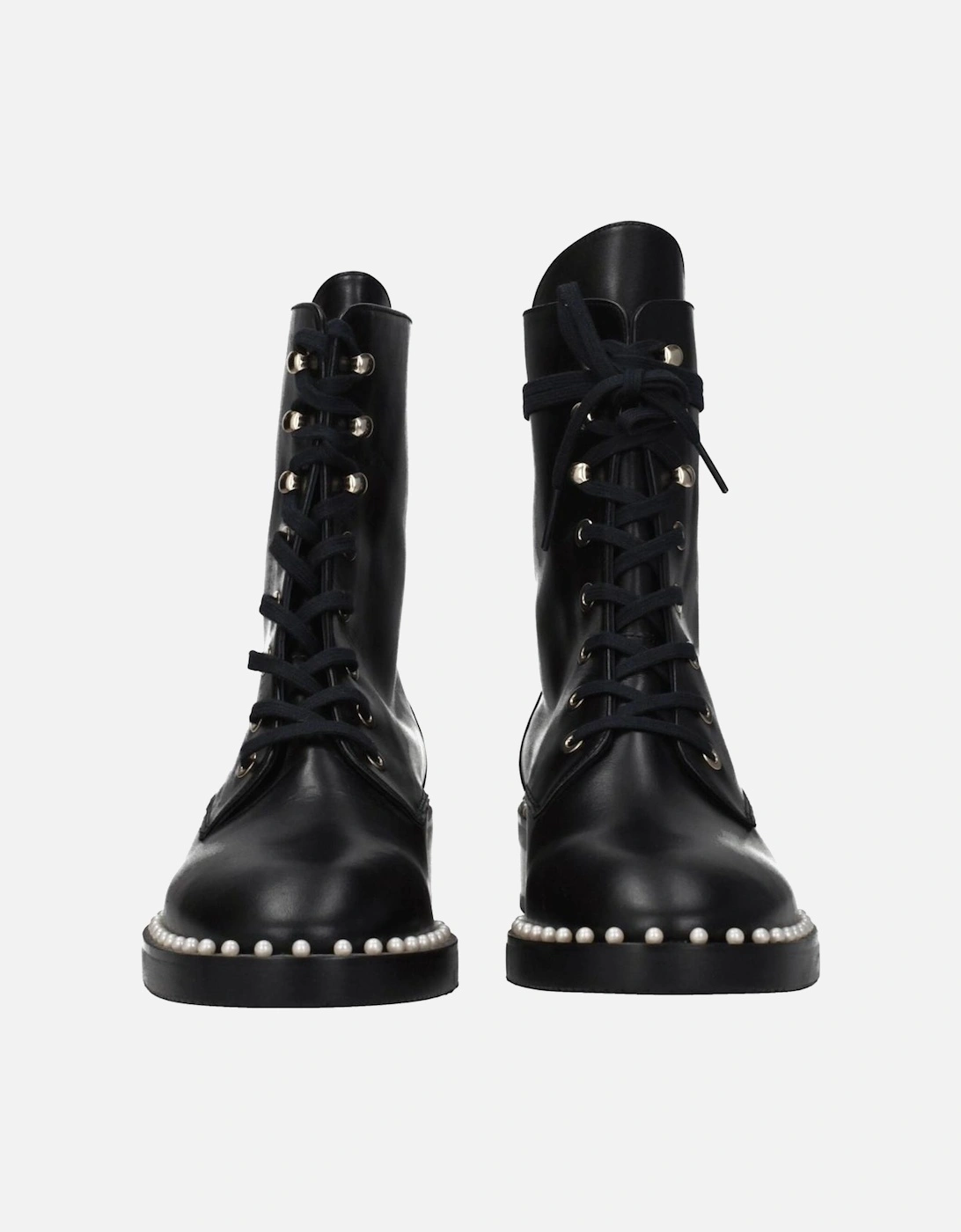 Beaded Leather Ankle Boots with Lace-Up Closure Women - Black