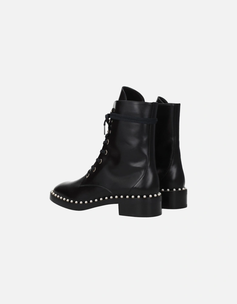 Beaded Leather Ankle Boots with Lace-Up Closure Women - Black