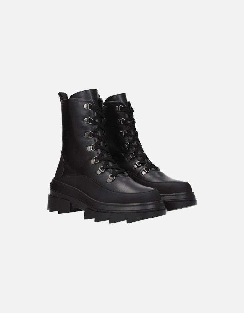 Vintage Effect Leather Ankle Boots with Mid Heels Women - Black