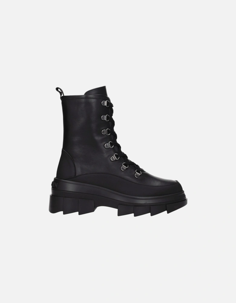Vintage Effect Leather Ankle Boots with Mid Heels Women - Black