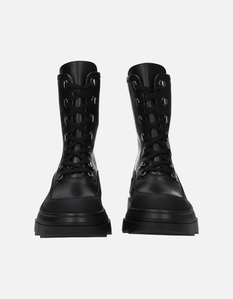 Vintage Effect Leather Ankle Boots with Mid Heels Women - Black