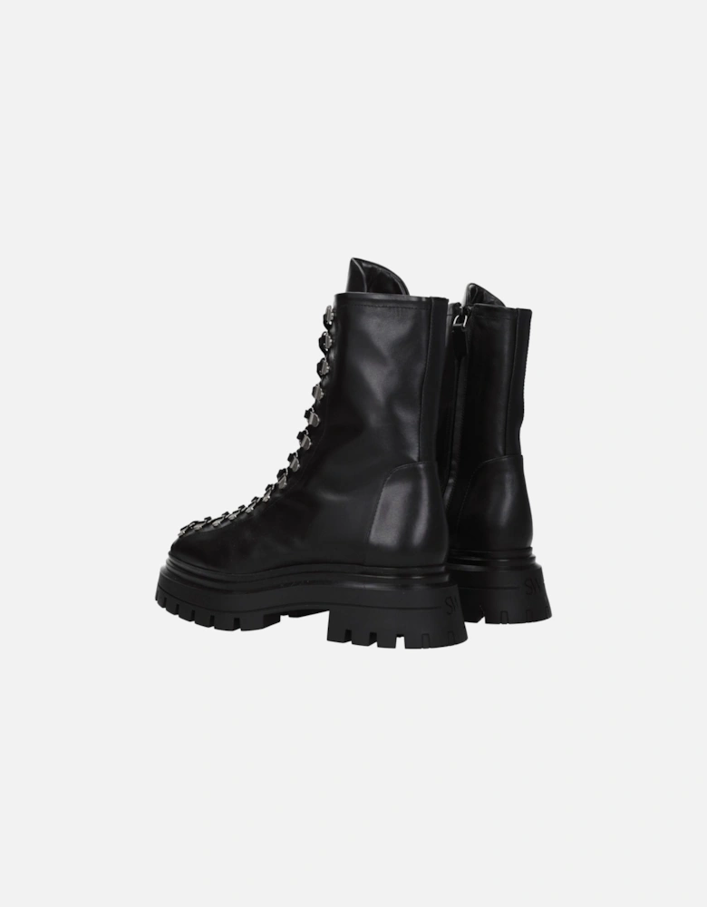 Punk Rock Lace-Up Leather Ankle Boots Women - Black
