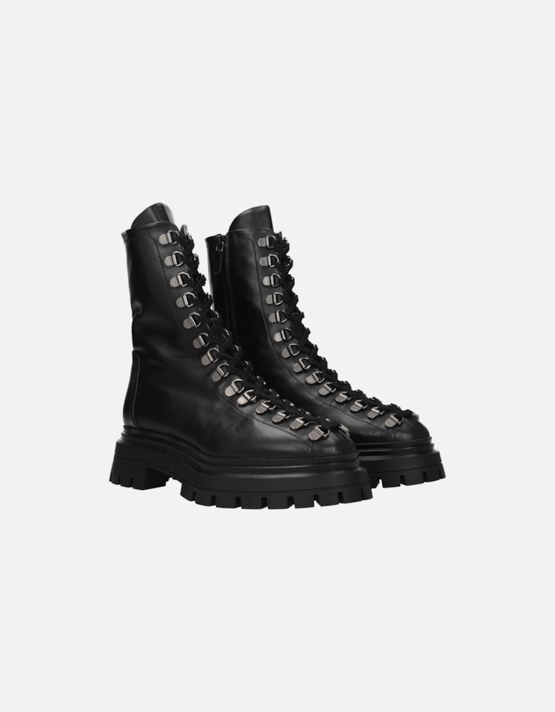 Punk Rock Lace-Up Leather Ankle Boots Women - Black