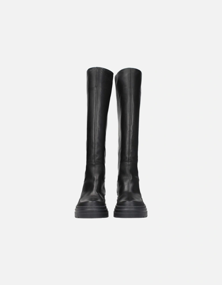 Mid Heel Leather Boots with Round Toe Women - Black
