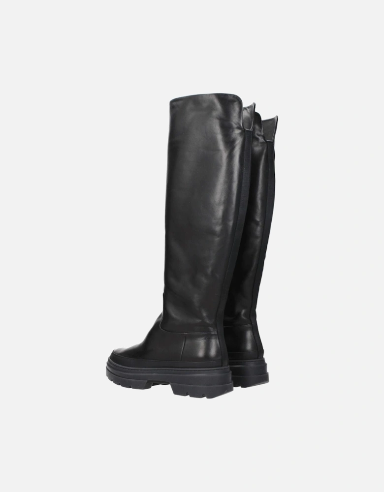 Mid Heel Leather Boots with Round Toe Women - Black