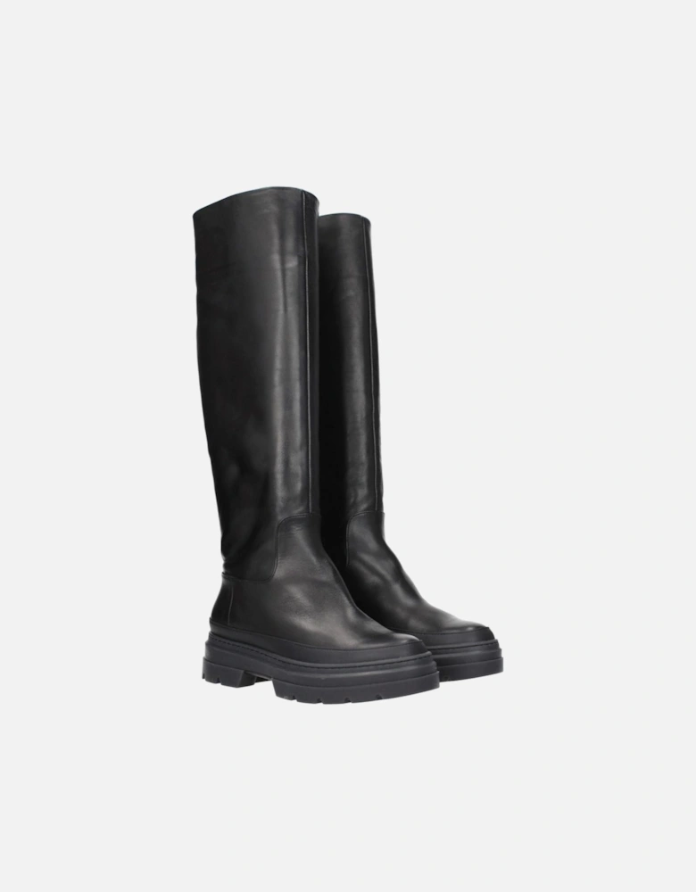Mid Heel Leather Boots with Round Toe Women - Black
