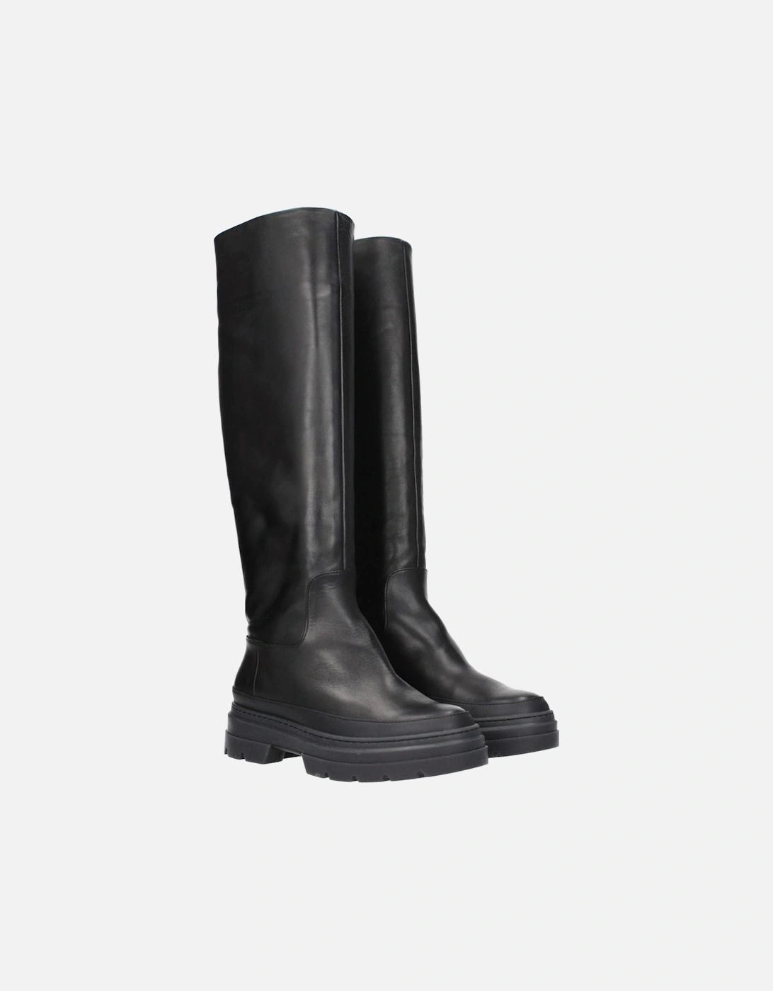 Mid Heel Leather Boots with Round Toe Women - Black