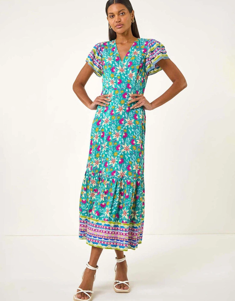Floral Border Print Maxi Dress - Blue