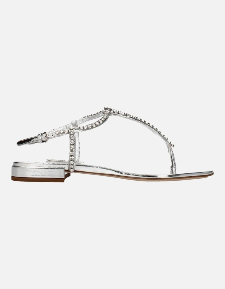Metallic Rhinestone Leather Flip Flops Women - Gray Sandals