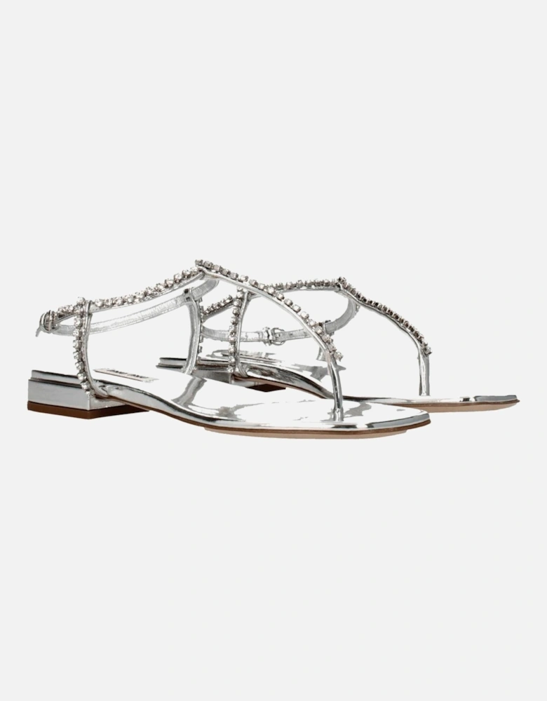 Metallic Rhinestone Leather Flip Flops Women - Gray Sandals