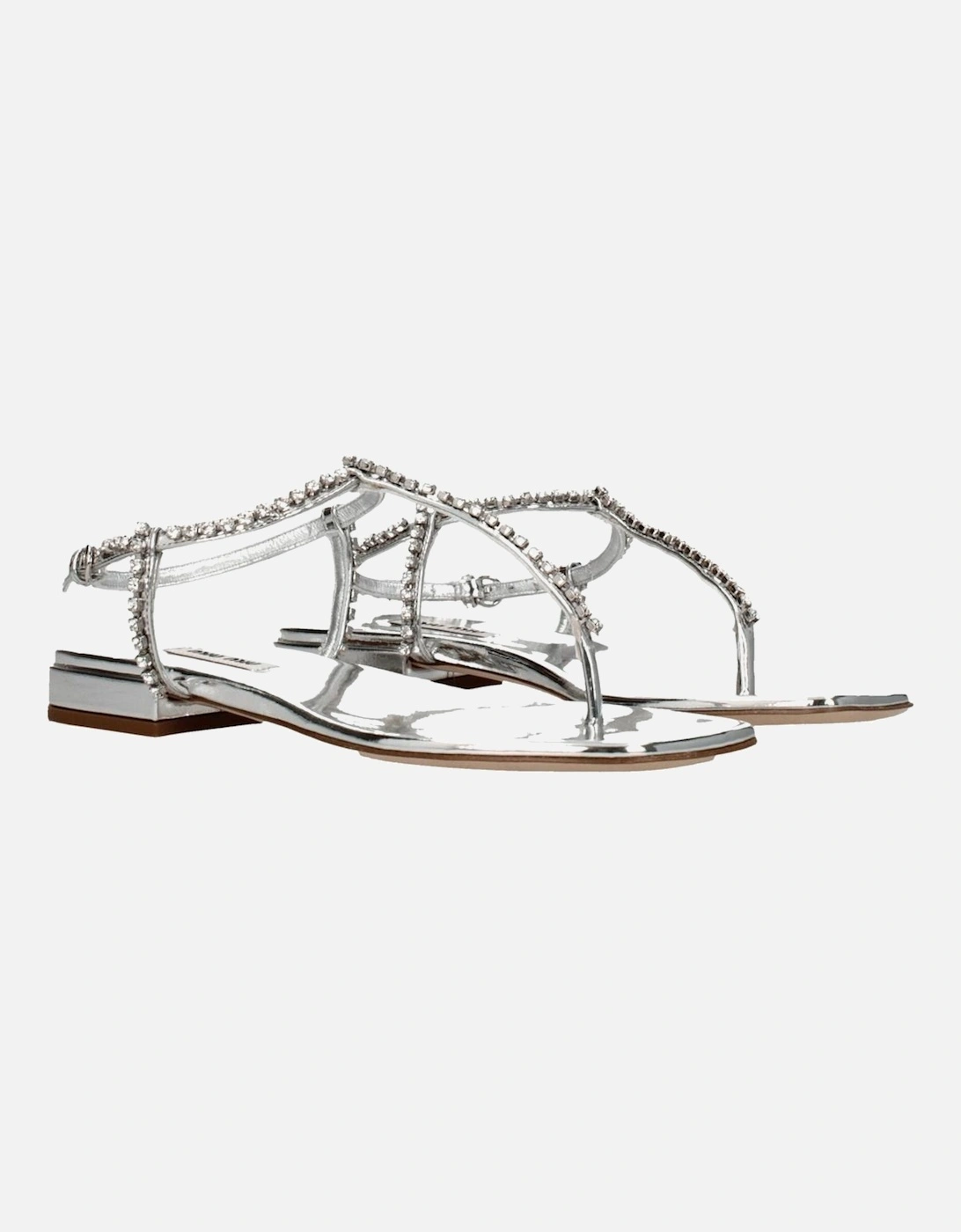 Metallic Rhinestone Leather Flip Flops Women - Gray Sandals