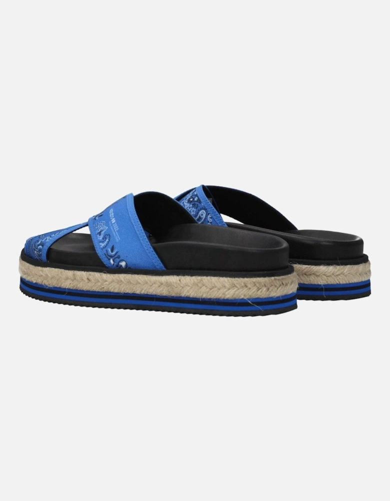 Side Logo Fabric Slippers with Rubber Sole Women - Blue Sandals