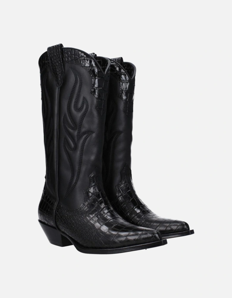Pointy Toe Leather Mid Heel Boots Women - Black
