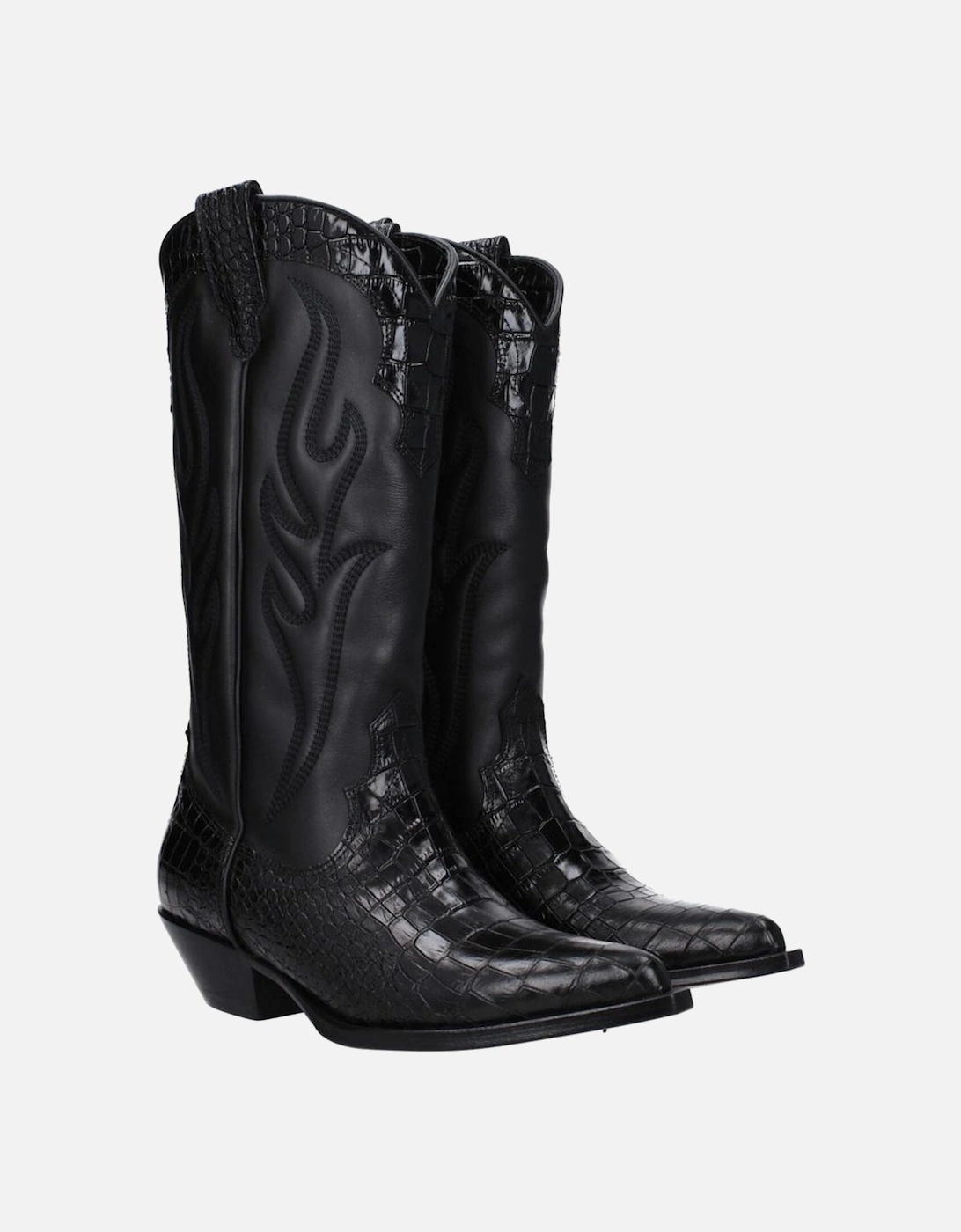 Pointy Toe Leather Mid Heel Boots Women - Black