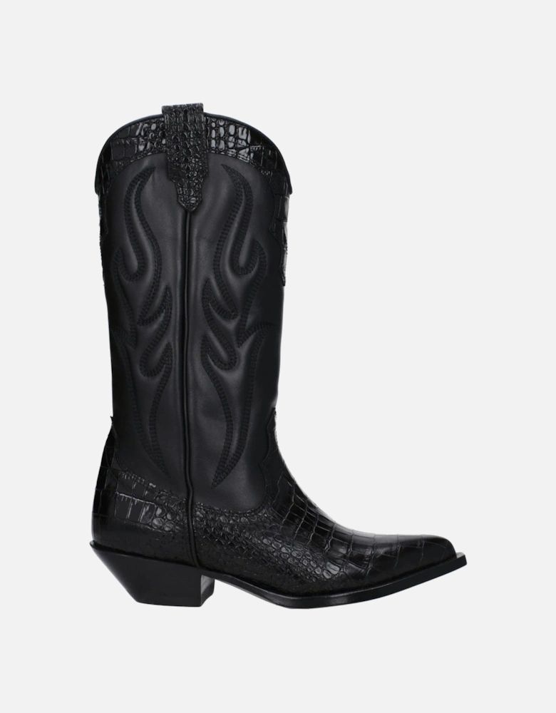 Pointy Toe Leather Mid Heel Boots Women - Black