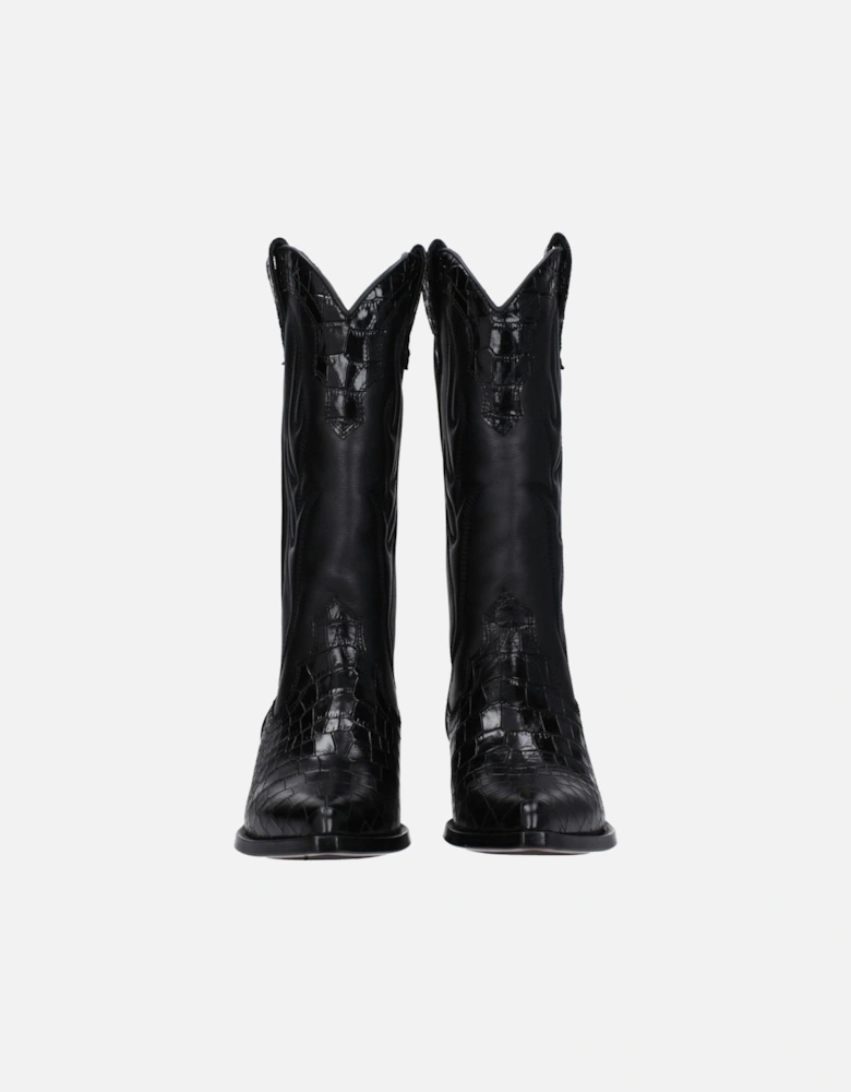 Pointy Toe Leather Mid Heel Boots Women - Black