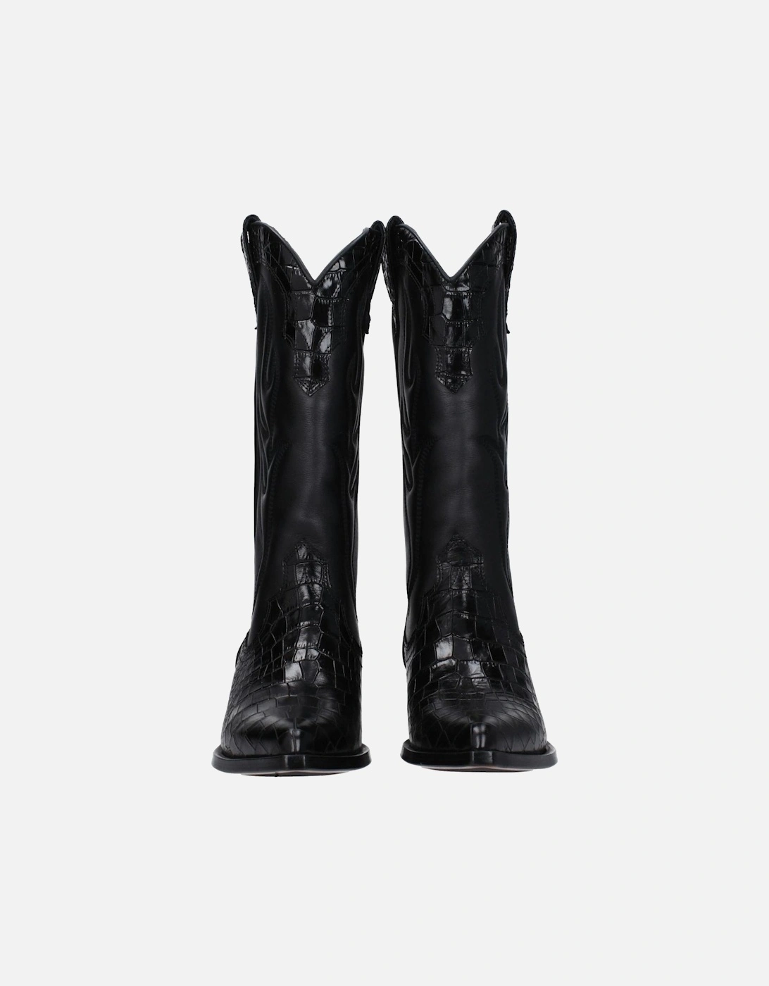 Pointy Toe Leather Mid Heel Boots Women - Black
