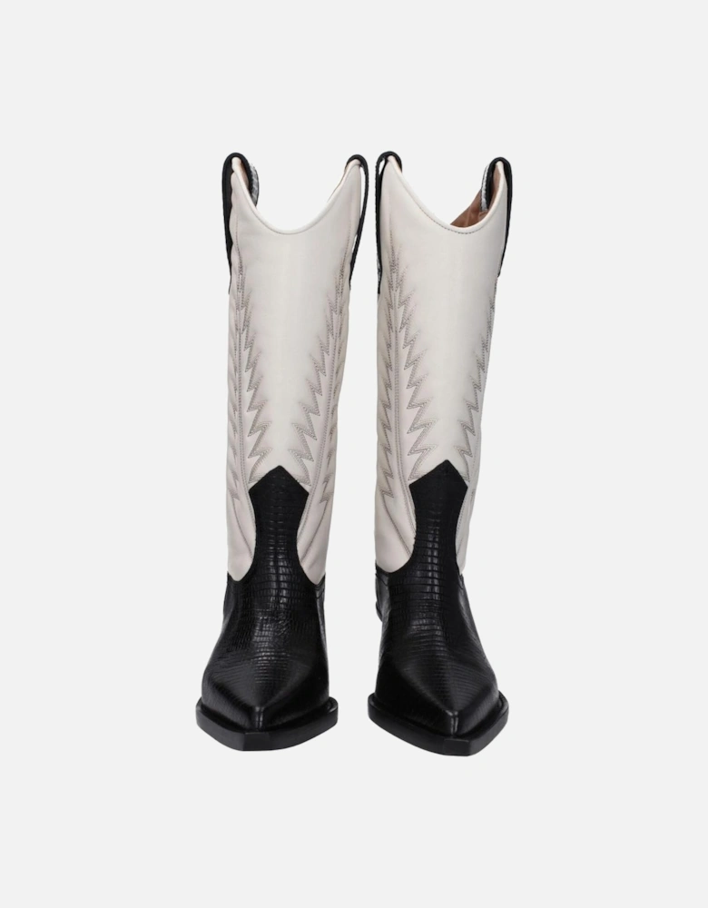 Pointy Toe Mid Heel Leather Boots Women - Beige
