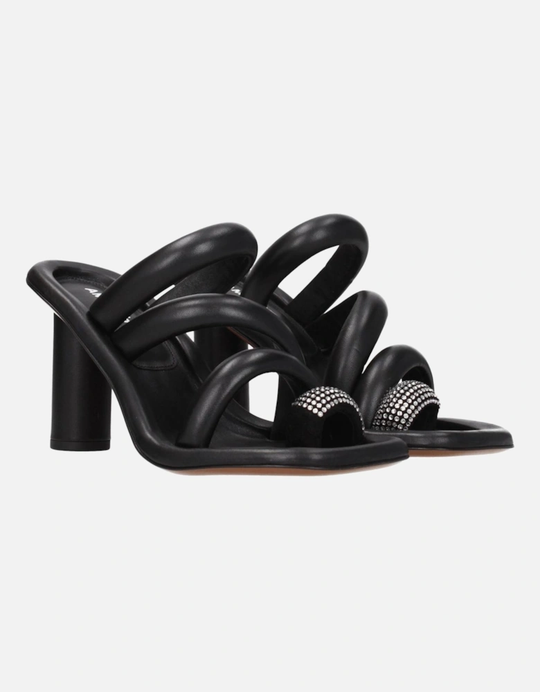 High Heel Leather Rhinestone Sandals Women - Black