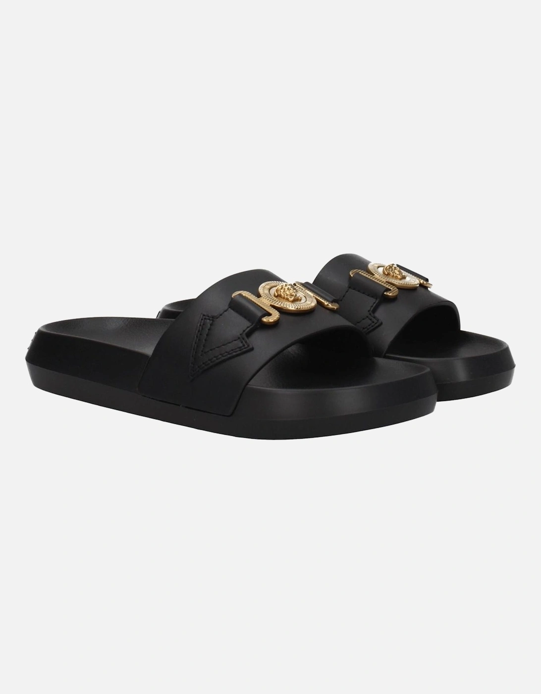 Leather Slippers with Front Detail and Logo Women - Black Sandals