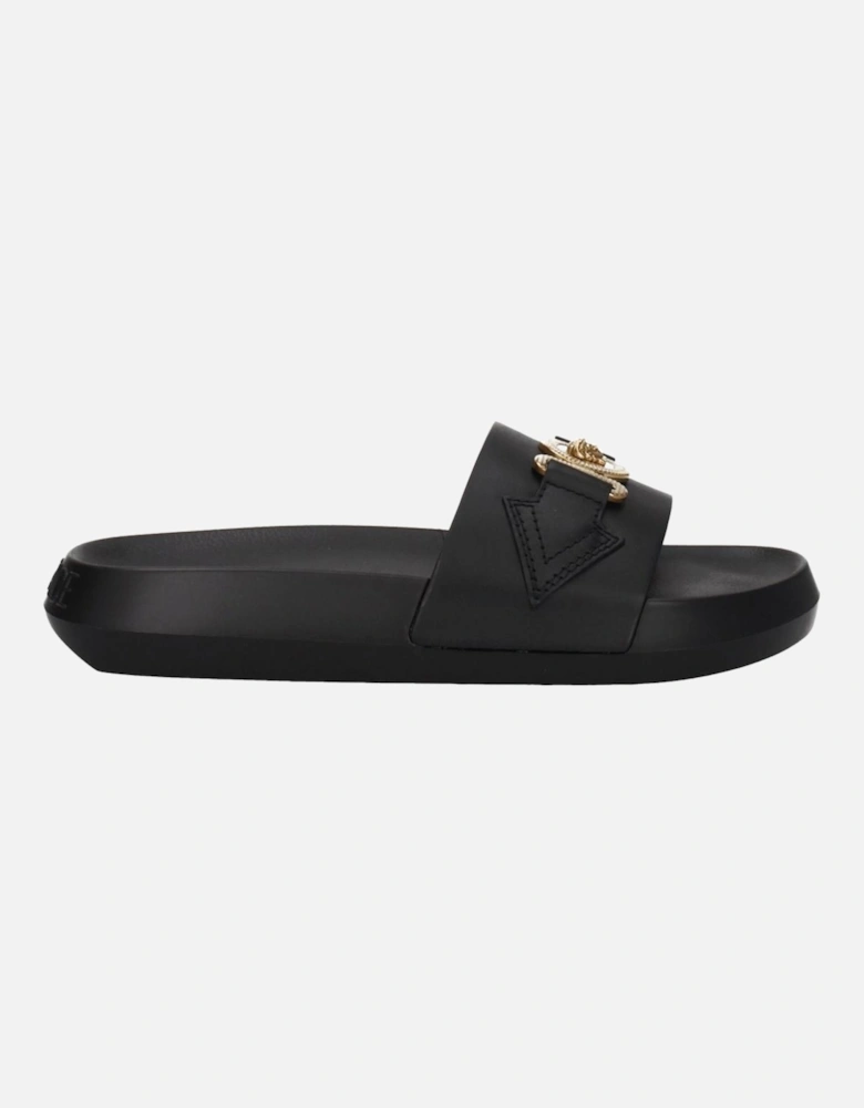 Leather Slippers with Front Detail and Logo Women - Black Sandals