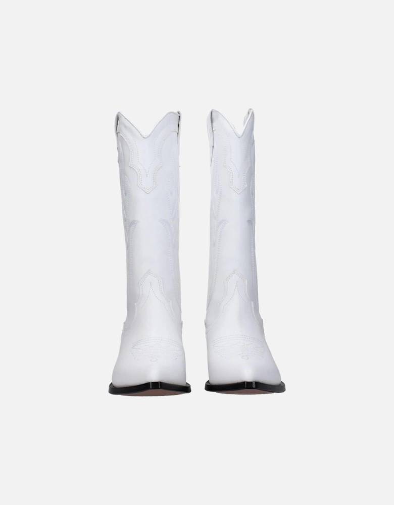 Vintage Effect Pointy Toe Leather Mid Heel Boots Women - White
