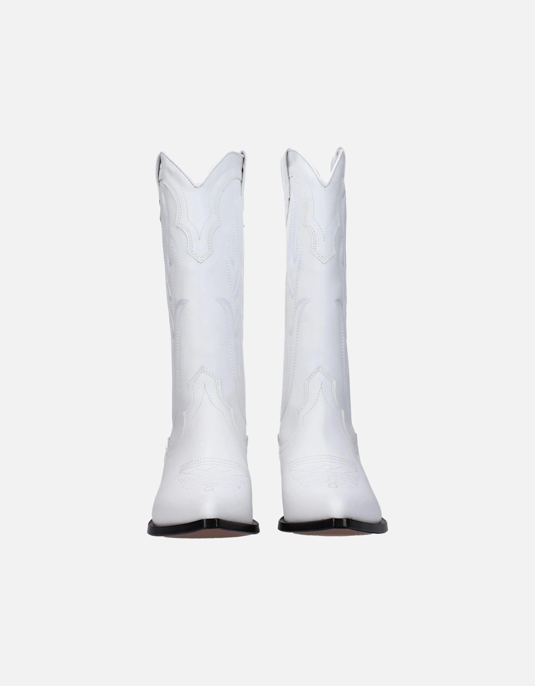 Vintage Effect Pointy Toe Leather Mid Heel Boots Women - White