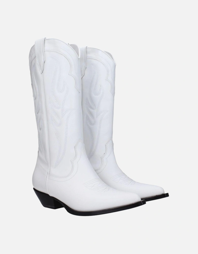 Vintage Effect Pointy Toe Leather Mid Heel Boots Women - White