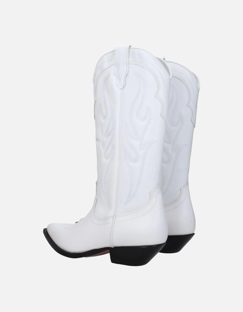 Vintage Effect Pointy Toe Leather Mid Heel Boots Women - White