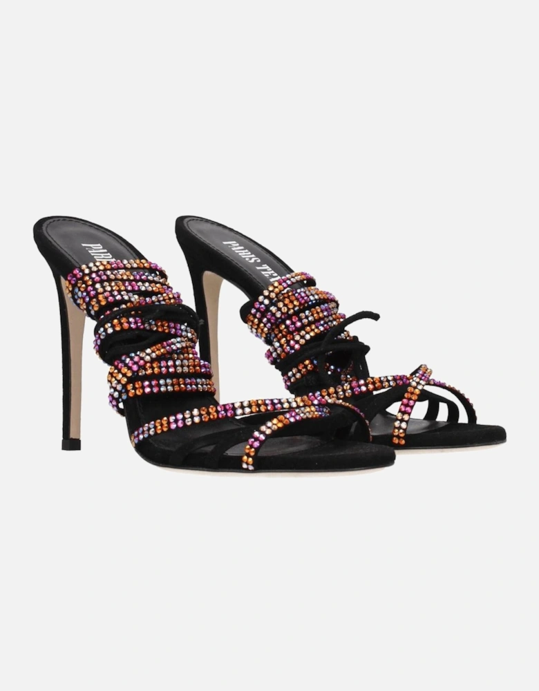 High Heel Rhinestone Suede Sandals with Open Toe Women - Black