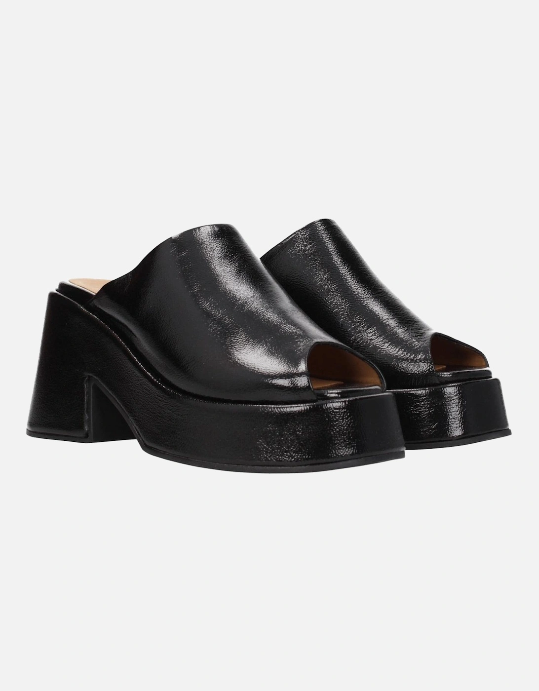 High Heel Patent Leather Slippers and Clogs Women - Black Sandals
