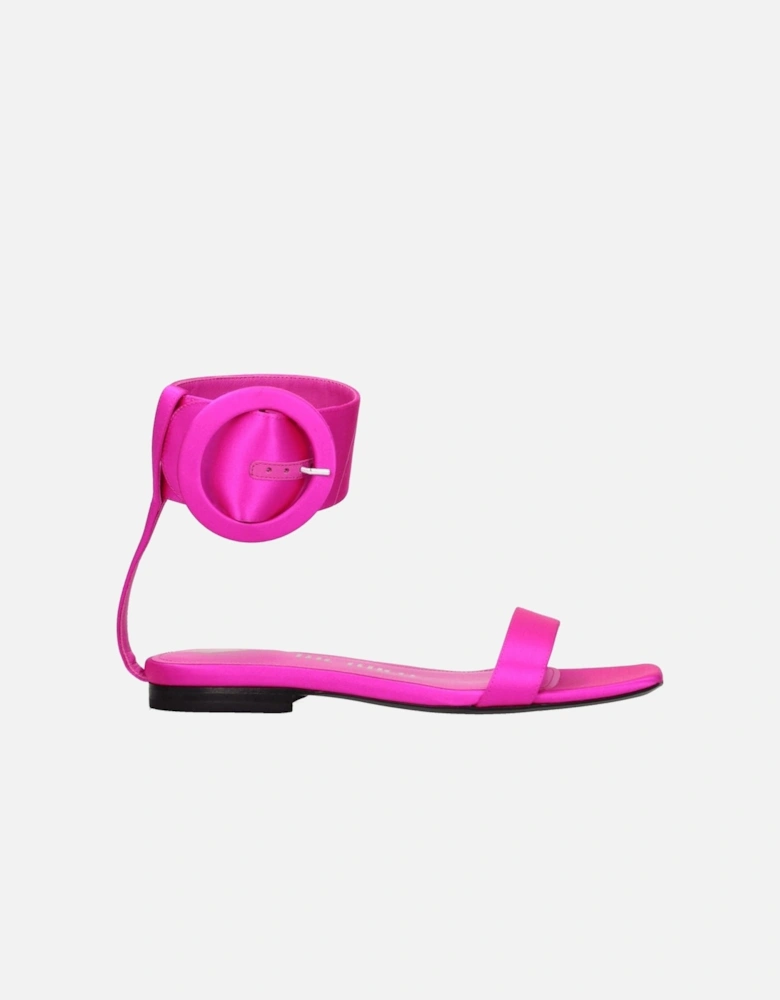 Satin Open Toe Flat Sandals with Buckle Closure Women - Pink