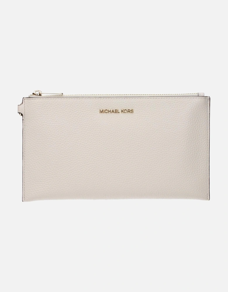 Leather Clutch with Front Logo and Zip Closure Women - Beige Clutch