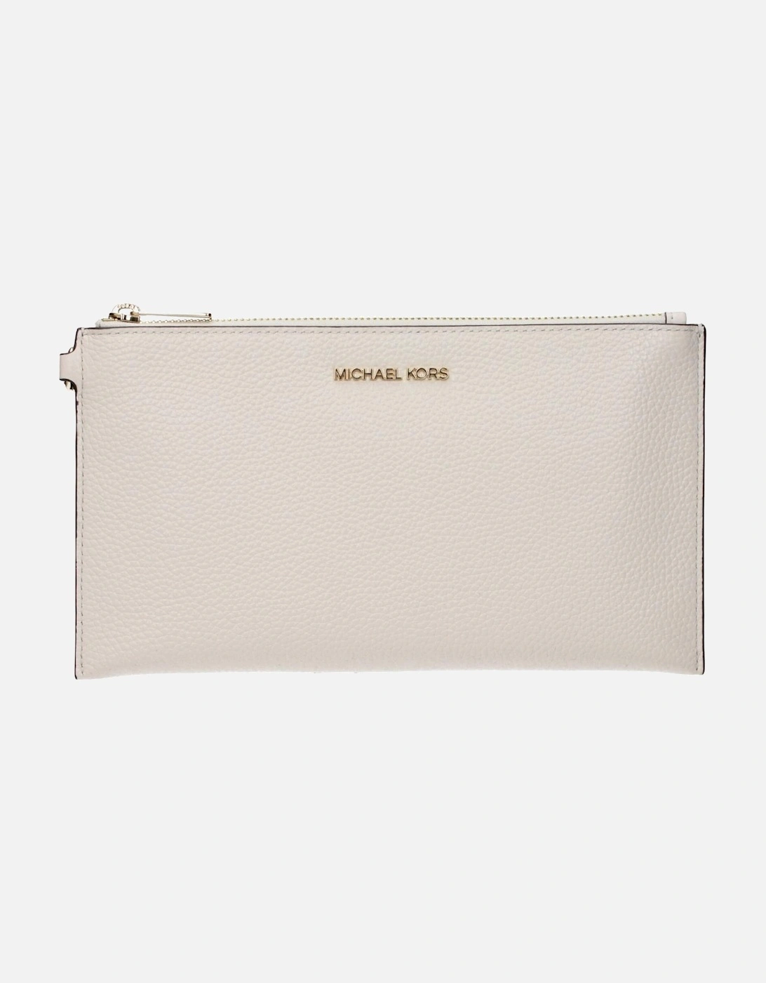 Leather Clutch with Front Logo and Zip Closure Women - Beige Clutch, 3 of 2