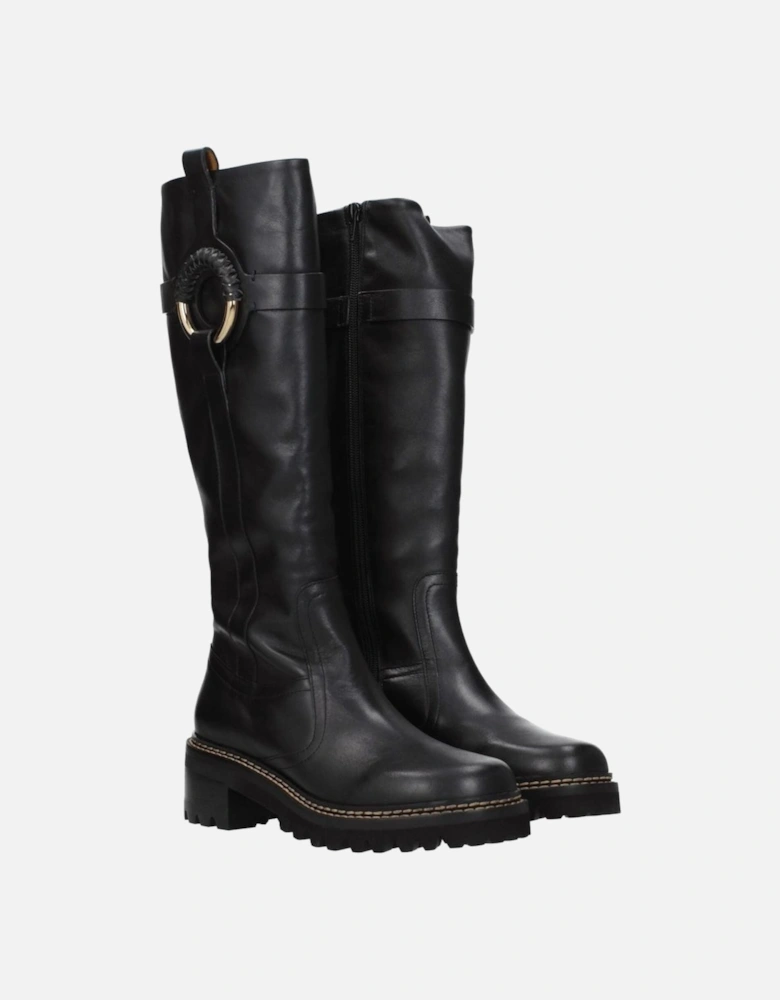 Mid Heel Leather Boots with Aged Effect Women - Black